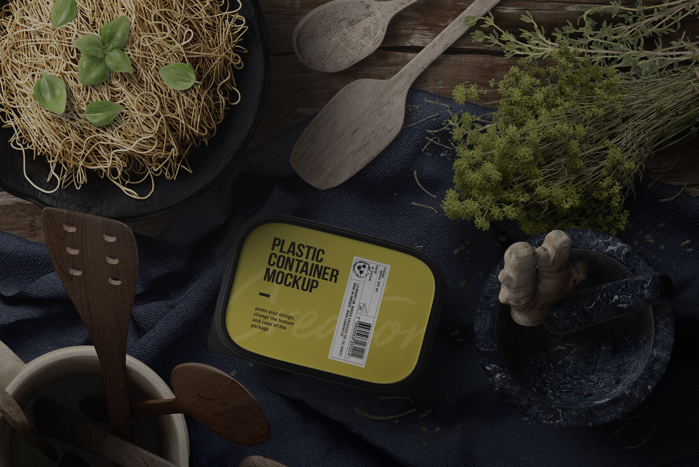 Mockup pasta preparation and plastic container top Mockup Pasta Preparation And Plastic Container Top