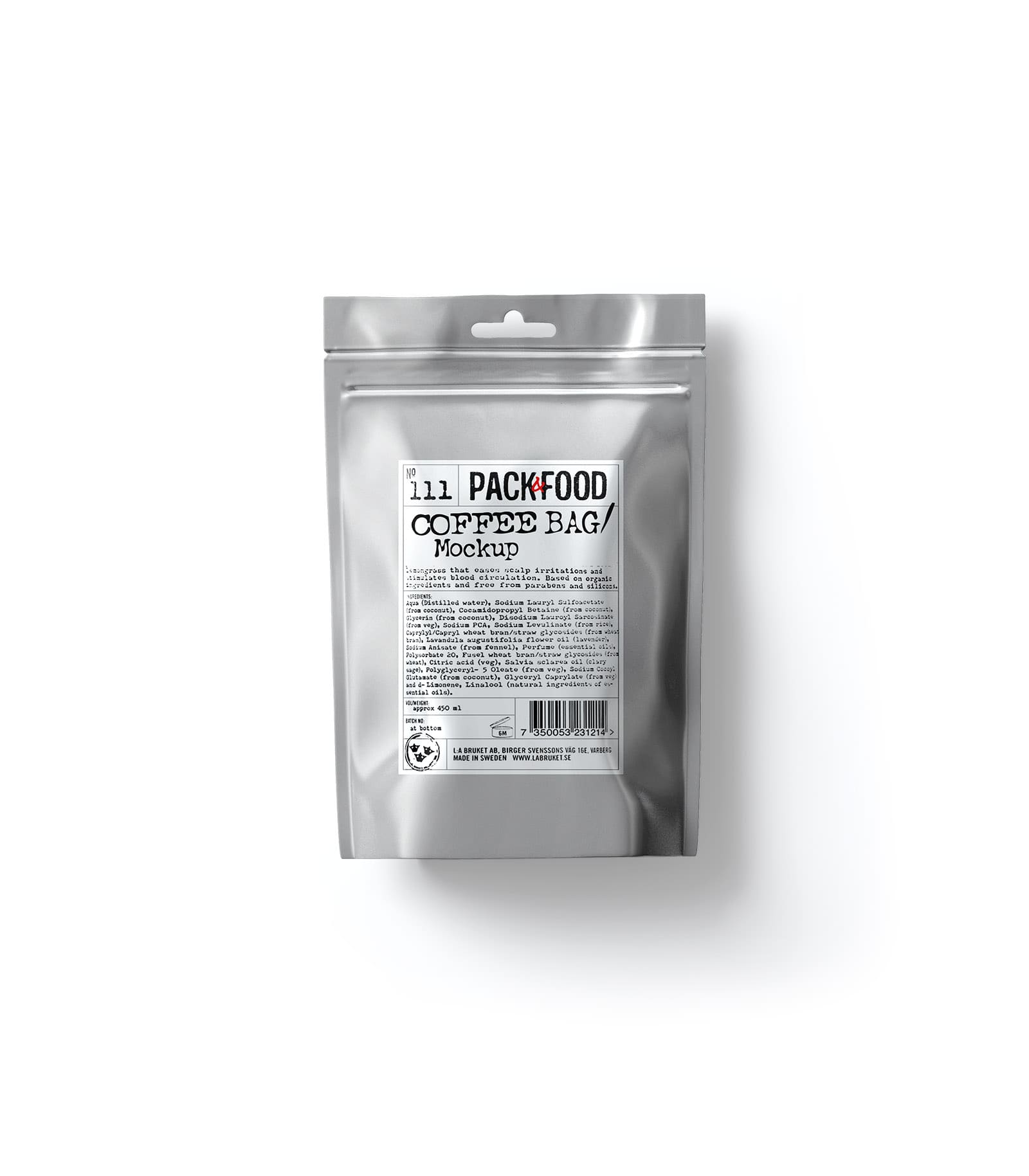 Mockup silver coffee bag top Mockup Silver Coffee Bag Top