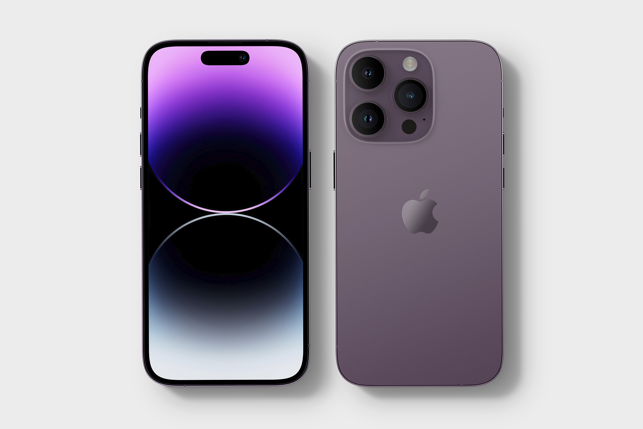 Mockup two iphones 14 pro on white background top view Mockup Two Iphones 14 Pro On White Background Top View